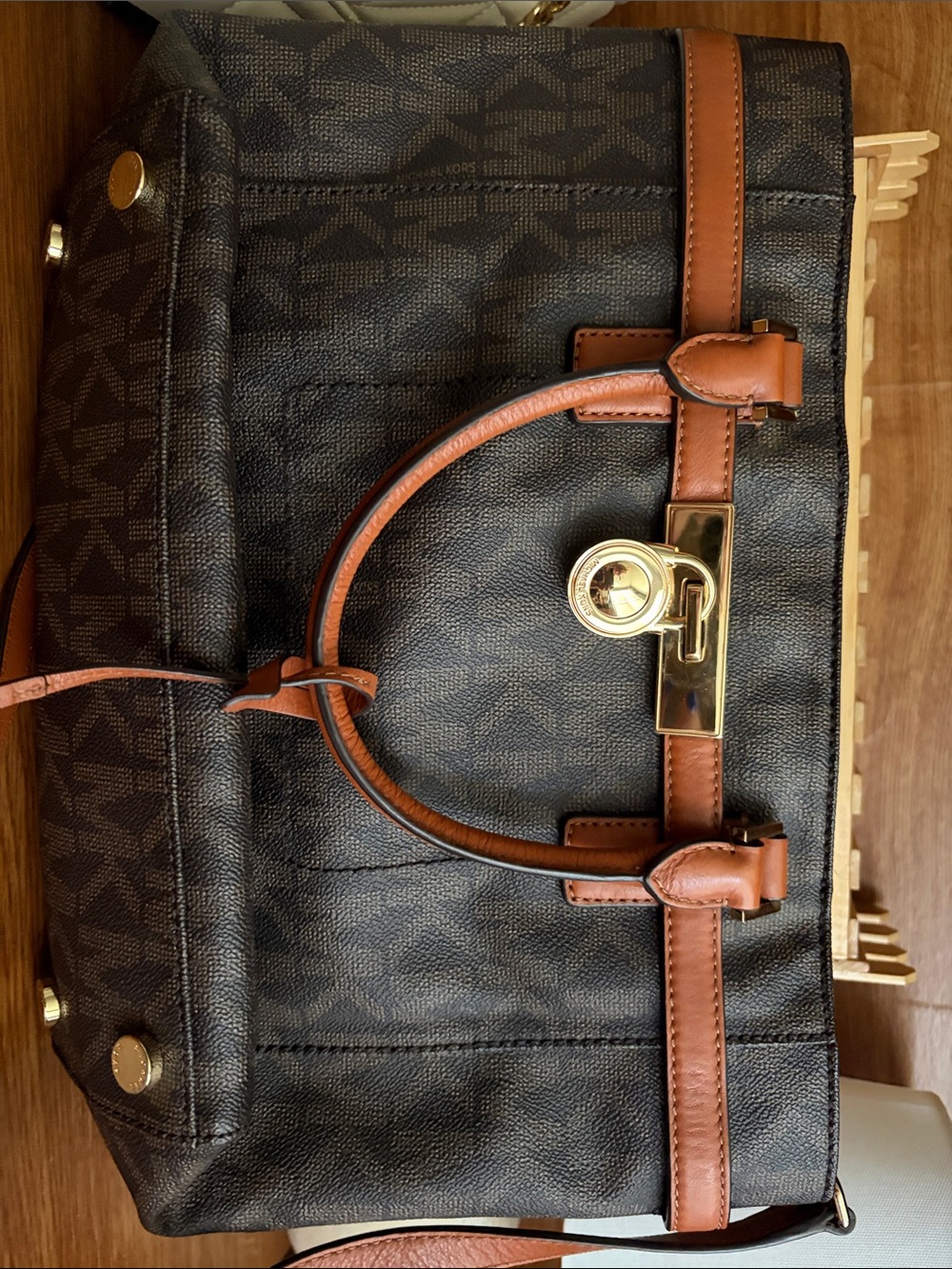 Michael Kors Brown Monogram Satchel with Tan Trim and Gold Hardware